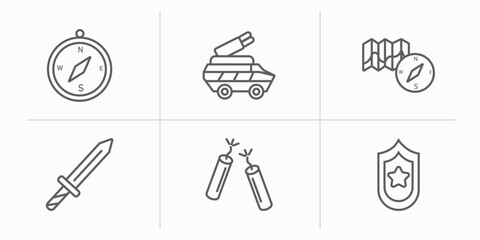 army outline icons set. thin line icons such as compass, military transport, map and compass, dagger, dinamite, two branches of frame vector.