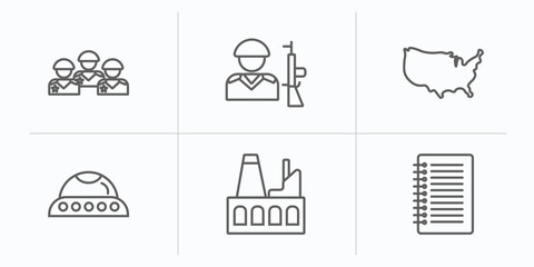 army outline icons set. thin line icons such as militar, soldiers and a weapon, us map, ovni military transport, industrial building, notebook vector.