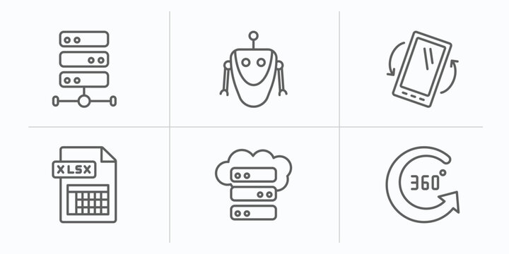 artificial intelligence outline icons set. thin line icons such as big data, robot, tilt, xlsx, storage, 360 degree vector.