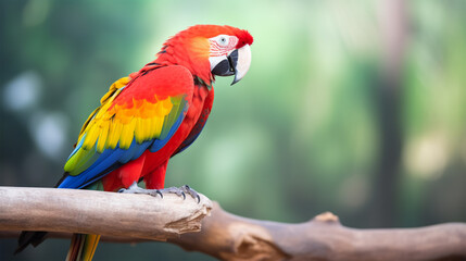 Fototapeta na wymiar Beautiful parrot sitting on a branch and blurred jungle in background. World Parrot Day