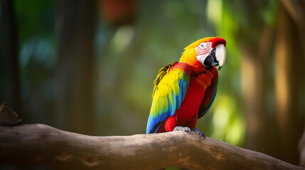Obraz premium Beautiful parrot sitting on a branch and blurred jungle in background. World&nbsp;Parrot&nbsp;Day