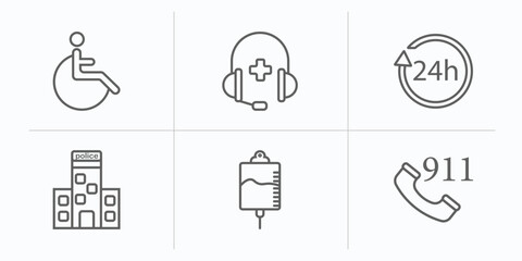 alert outline icons set. thin line icons such as handicap, medical support, 24h, police station, intravenous, 911 vector.