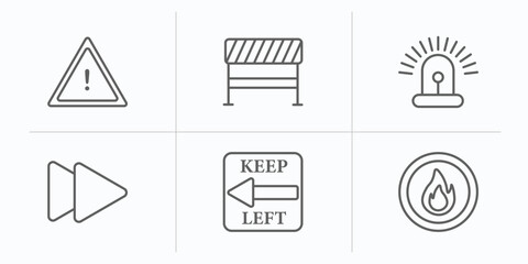 alert outline icons set. thin line icons such as caution, road blockade, siren, ahead, keep left, fire button vector.