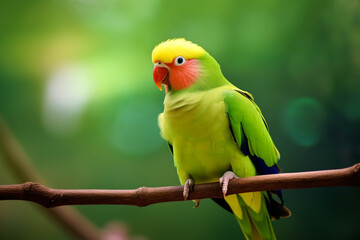 Obraz premium Beautiful parrot sitting on a branch and blurred jungle in background. World&nbsp;Parrot&nbsp;Day