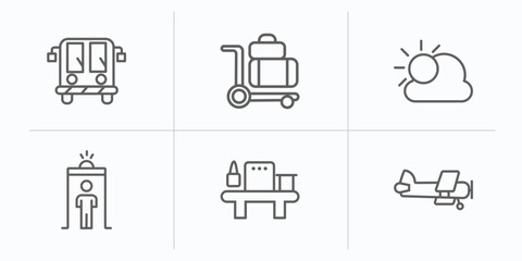 airport terminal outline icons set. thin line icons such as airport bus, trolley with luggage, sunny day, security control, luggage security, old plane vector.