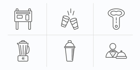 alcohol outline icons set. thin line icons such as , shots, opener, blender, shaker, waitress vector.