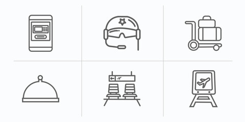 airport terminal outline icons set. thin line icons such as airport atm, pilot helmet, luggage trolley, tray with cover, waiting for flight, train to the airport vector.