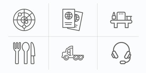 airport terminal outline icons set. thin line icons such as airport radar, two passports, airport x ray hine, clutery for lunch, trailer truck, headphones vector.