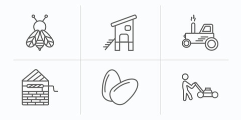 agriculture farming outline icons set. thin line icons such as bees, chicken coop, harvester, well, egg, lawnmower vector.