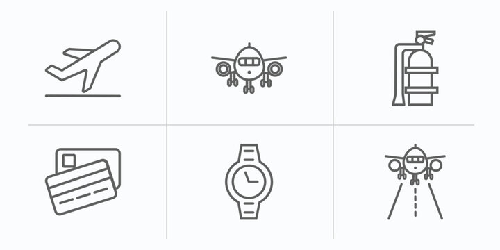 airport terminal outline icons set. thin line icons such as plane landing, plane front view, extinguisher, two credit cards, modern wirstwatch, landing runway vector.