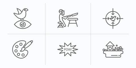 activity and hobbies outline icons set. thin line icons such as bird watching, knife making, hunting, coloring, comic, ball pit vector.