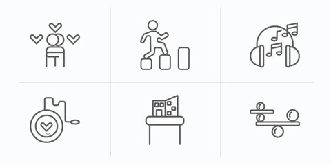 activity and hobbies outline icons set. thin line icons such as couple huging, parkour, listening music, yoyo, model building, balancing vector.
