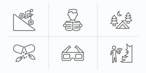 activity and hobbies outline icons set. thin line icons such as downhill, newspaper readign, camp, vitamin, 3d glasses, mineral collecting vector.