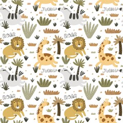 Seamless pattern with african animals, decor elements. colorful Illustration for kids. hand drawing, flat style. baby design for fabric, print, textile, wrapper