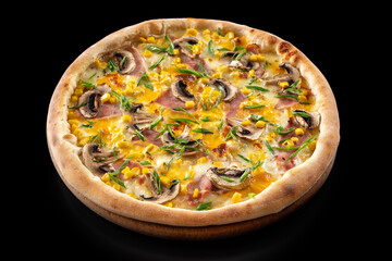 Hot Pizza Capricciosa with mozzarella cheese, ham, corn, pizza sauce and mooshrooms isolated on black background. High quality photo