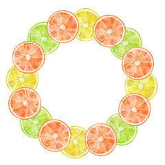 Watercolor round citrus wreath isolated on white . Hand drawn fruit frame illustration