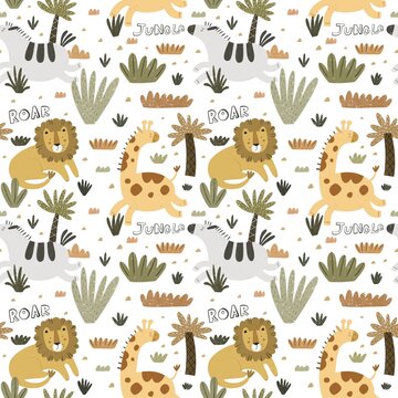 Seamless pattern with african animals, decor elements. colorful Illustration for kids. hand drawing, flat style. baby design for fabric, print, textile, wrapper