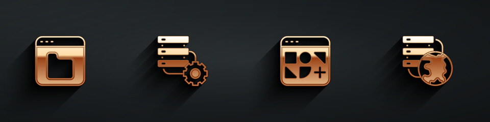 Set Browser files, Server and gear, Different and Network cloud connection icon with long shadow. Vector