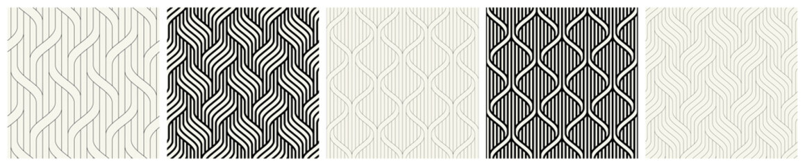 Obraz premium Vector seamless patterns set. Stylish linear ornaments. Geometric striped backgrounds with arches. Art deco thin monochrome swatches. Tileable prints with linear thin and bold weaves.
