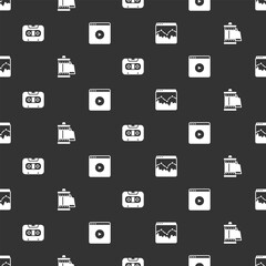Set Music wave equalizer, Camera roll cartridge, Retro audio cassette tape and Online play video on seamless pattern. Vector