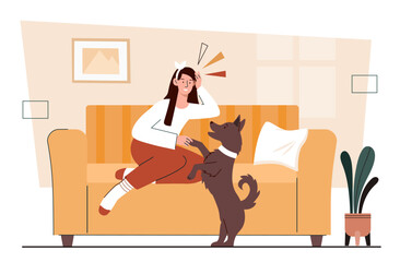 Woman with dog at home. Hostess with pet plays in apartment. Comfort and cosiness in house. Character chilling with domestic animal inside. Cartoon flat vector illustration - obrazy, fototapety, plakaty