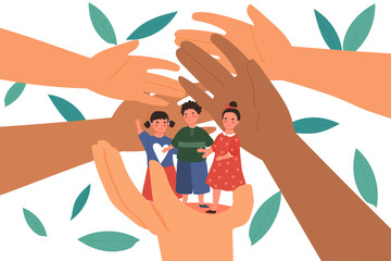 Care for kids. Vommunity protecting for children. Big hands near boys and girls. Charity and volunteering. Support and protection from charitable organizations. Cartoon flat vector illustration