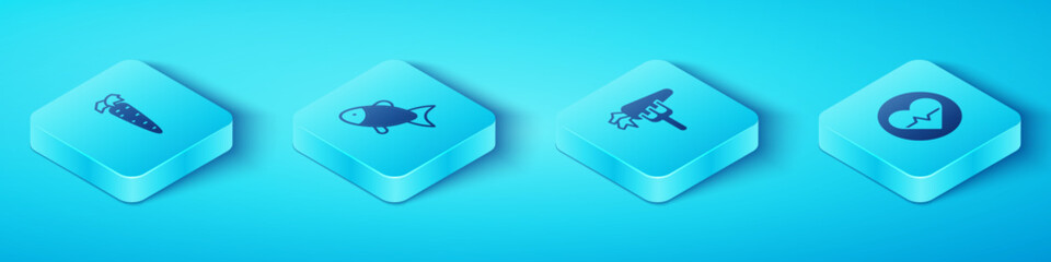 Set Isometric Carrot, Fish, Heart rate and icon. Vector