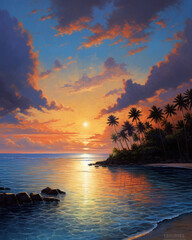 A serene and enchanting view of an azure ocean meeting the horizon, dotted with idyllic tropical islands adorned with palm trees swaying gently in the breeze, as the sky above paints a mesmerizing can