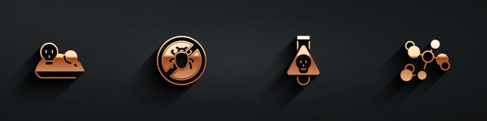 Set Experimental mouse, Stop colorado beetle, Bottle with potion and Chemical formula icon with long shadow. Vector
