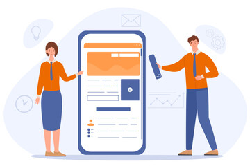 Mobile design concept. Man and woman will design interface for smartphone. UI and UX design for programs and applications. Designers and freelancers. Cartoon flat vector illustration
