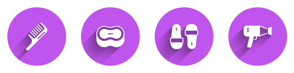 Set Hairbrush, Bar of soap, Sauna slippers and dryer icon with long shadow. Vector