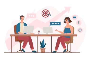 Online help concept. Man and woman sitting at computers against backdrop of ascending arrows. Consultant and assistant. Feedback and answers to questions, hot line. Cartoon flat vector illustration