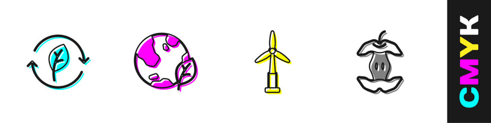 Set Recycle symbol with leaf, Earth globe and, Wind turbine and Apple core icon. Vector