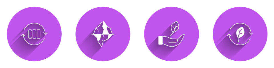 Set Leaf Eco symbol, Iceberg, in hand and Recycle with leaf icon with long shadow. Vector