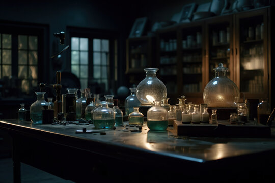 A table topped with lots of bottles filled with liquid. AI generative hunted pharmacy, Halloween display.