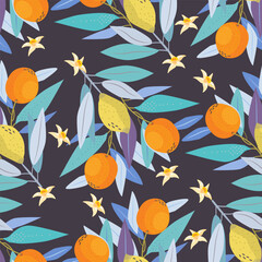 Seamless pattern with citrus fruits and leaves in abstract style, vector