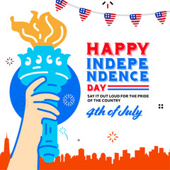 4th of July colorful greeting banner, template, with the statue of liberty torch, bunting decoration, and new york skyline. Vector illustration. 