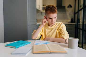 Portrait of concentrated little pupil boy sitting at table, pensive looking away, holding pen, taking notes, doing homework alone at home. Smart schoolboy with freckles studying, reading textbook,