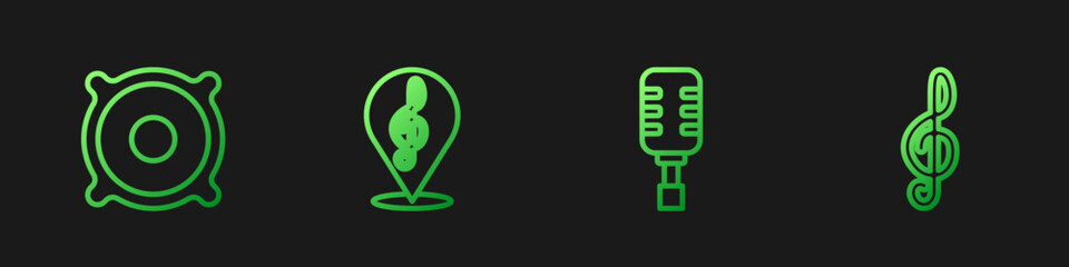 Set line Microphone, Stereo speaker, Treble clef and . Gradient color icons. Vector