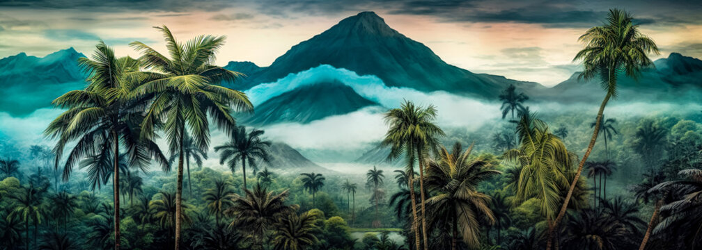Mysterious jungle, palm trees and mountains at the top of hill with a mountain range around it, digital art