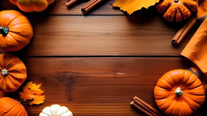 Autumn Bliss: A Cozy Seasonal Arrangement of Leaves, Pumpkins, and Cinnamon on a Rustic Wood Background