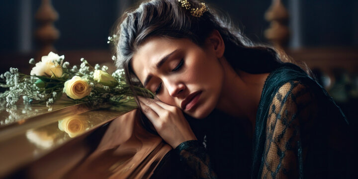 Woman grieving over coffin. Generative AI