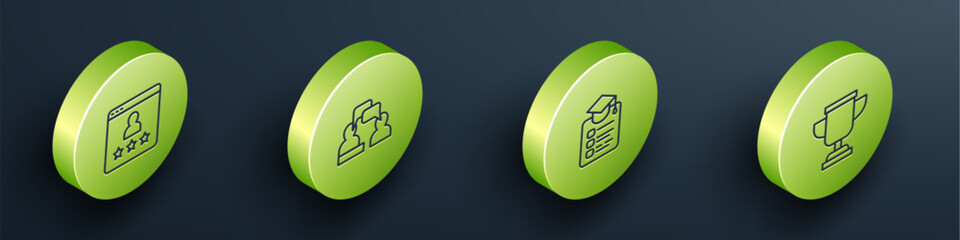 Set Isometric line Customer product rating, Two sitting men talking, Online education and Award cup icon. Vector