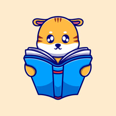 Cute tiger reading book icon illustration. the flat design concept for education