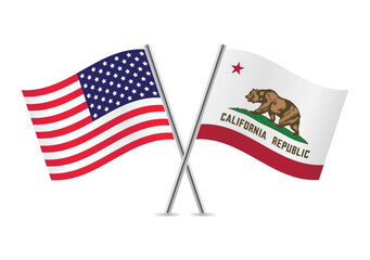 America and the state of California crossed flags. American and California flags on the white background. Vector icon set. Vector illustration. 