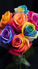 Fototapeta na wymiar Bouquet of rainbow colored roses with dew drops. Dreamy imaginative flowers with raindrops close-up. Generative AI.