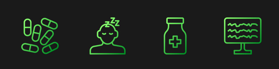 Set line Sedative pills, Medicine or tablet, Dreams and Encephalogram. Gradient color icons. Vector
