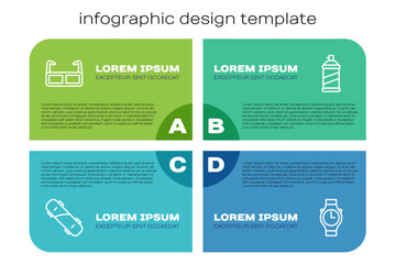 Set line Skateboard, Glasses, Wrist watch and Paint spray can. Business infographic template. Vector