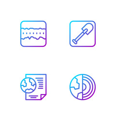 Obraz premium Set line Earth core structure crust, globe with document, Soil ground layers and Shovel. Gradient color icons. Vector