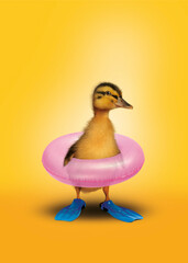 Webbed duck and his buoy - obrazy, fototapety, plakaty
